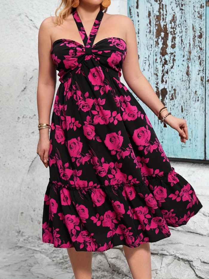 Plus Size Floral Print Gathered Halter Dress, Elegant Tie Back Sleeveless Dress For Spring & Summer, Women's Plus Size Clothing