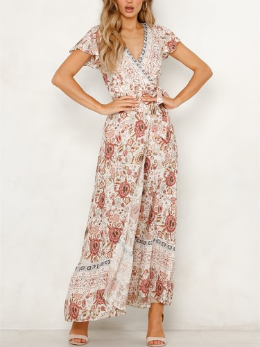 Floral Print Lace Up V Neck Dress, Elegant Short Sleeve Beach Waist Summer Vacation Split Maxi Dresses, Women's Clothing
