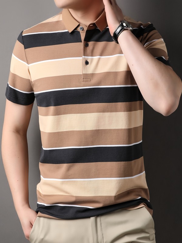 Casual Men's Striped Short Sleeve Golf Shirt, Comfy Male Shirt For Summer Outdoor, Gift For Men