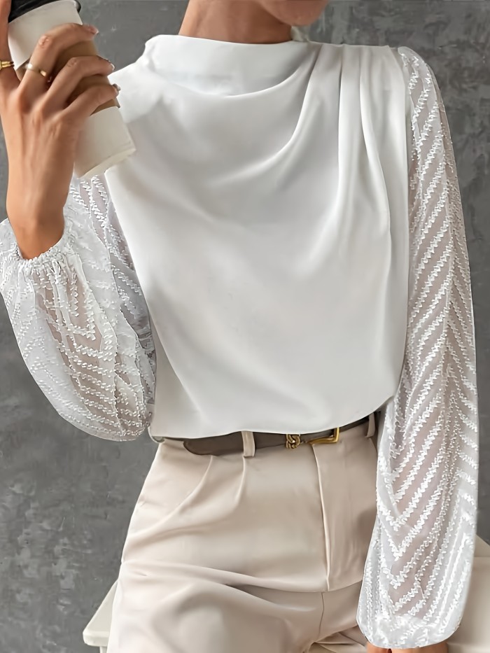 Tucked Mock Neck Blouse, Elegant Long Illusion Sleeve Blouse For Spring & Fall, Women's Clothing