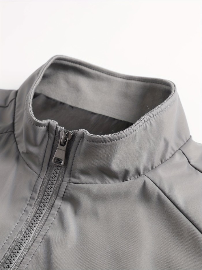 Men's Casual Loose Windbreaker Jacket for Sports Outdoors - Solid Color Zip-Up Stand Collar