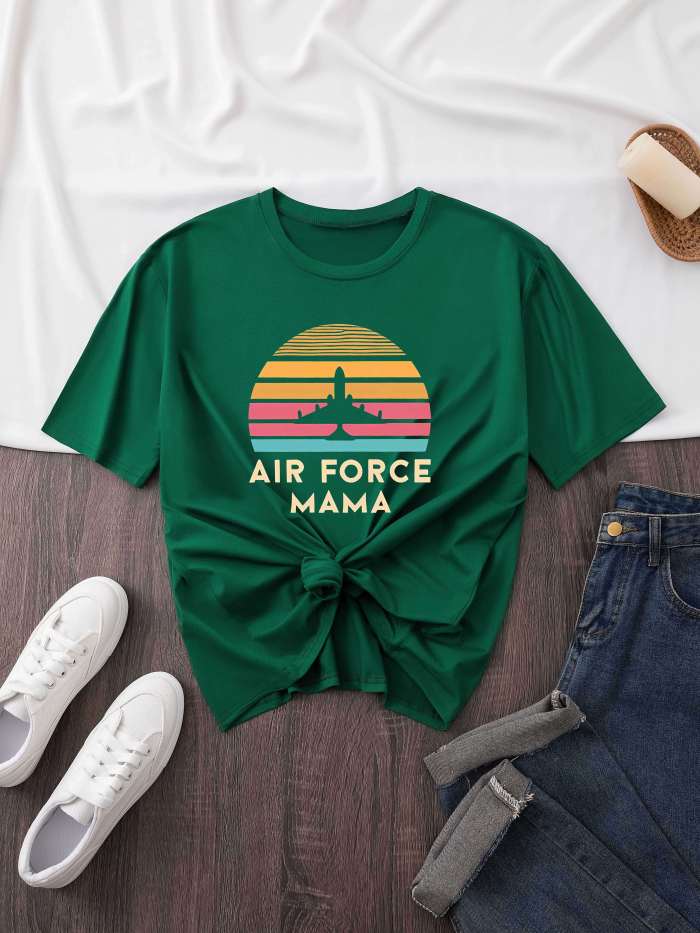 Airplane Print Crew Neck T-shirt, Short Sleeve Casual Top For Summer & Spring, Women's Clothing