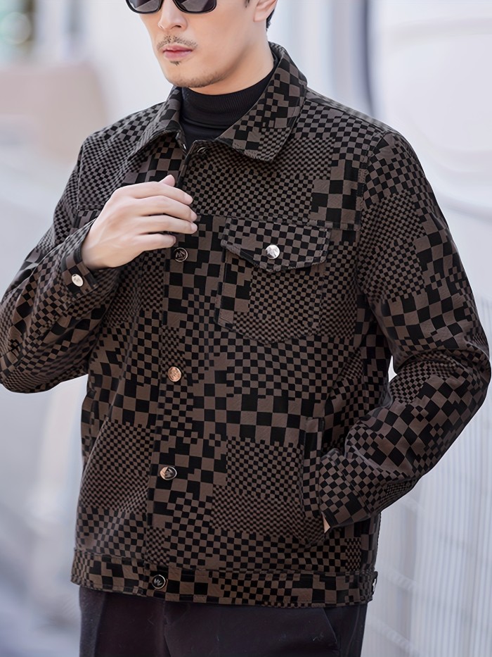 Men's Casual Checkerboard Pattern PU Leather Button Up Lapel Jacket - Stylish and Durable Coat for Everyday Wear