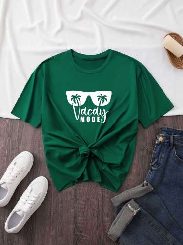 Sunglasses Print Crew Neck T-shirt, Short Sleeve Casual Top For Summer & Spring, Women's Clothing
