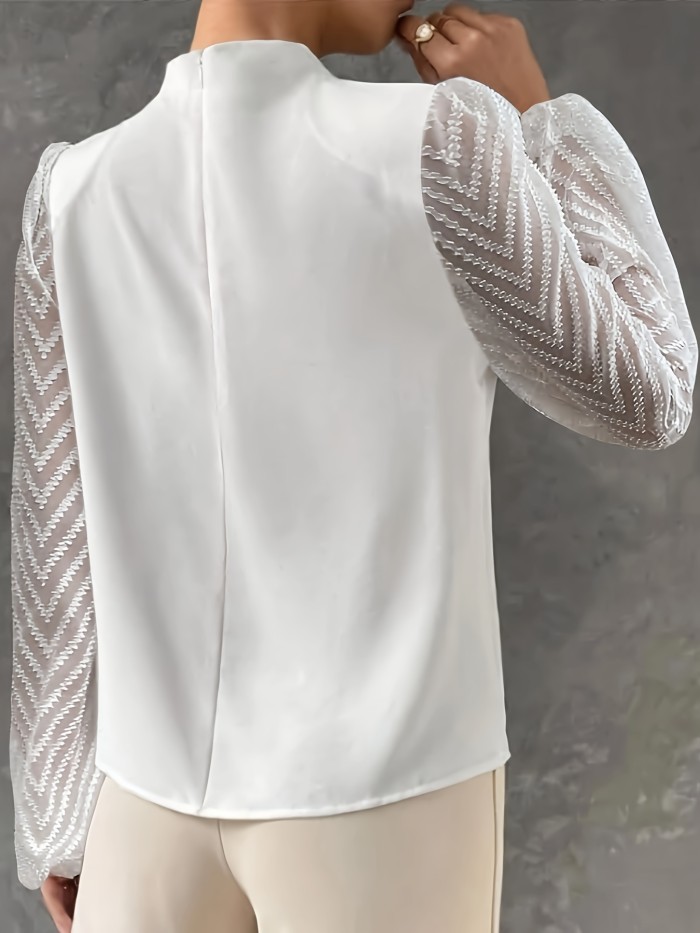 Tucked Mock Neck Blouse, Elegant Long Illusion Sleeve Blouse For Spring & Fall, Women's Clothing