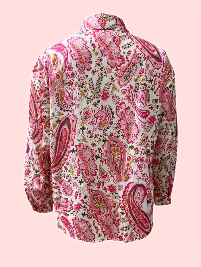 Women's Paisley Print Polo Collar Long Sleeve Shirt for Spring and Fall - Casual and Stylish Top for Any Occasion