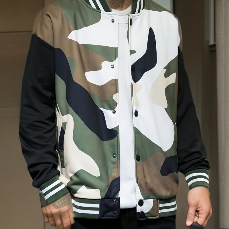 Men's Camouflage Baseball Jacket - Trendy, Breathable, and Stretchy Outdoor Button-Up