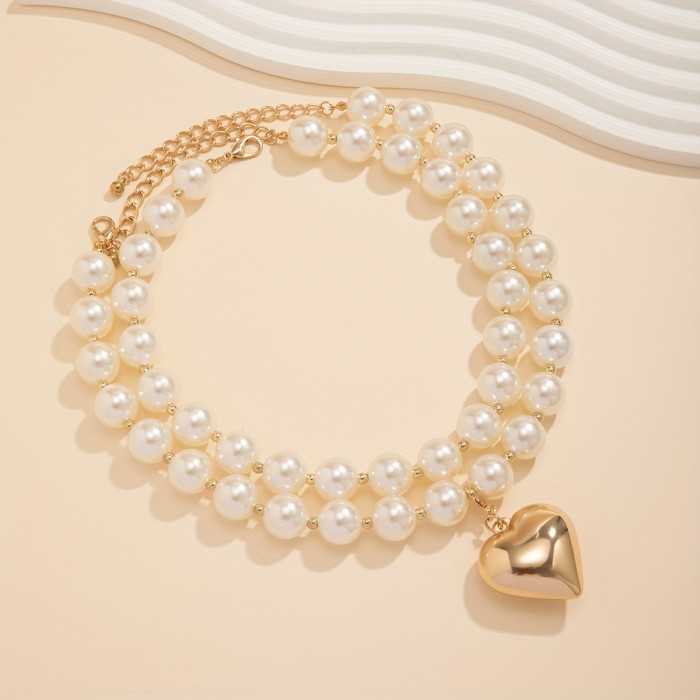 2 pieces\u002F Elegant Heart Pendant Necklace with Faux Pearl Detail - Holiday Accessory
