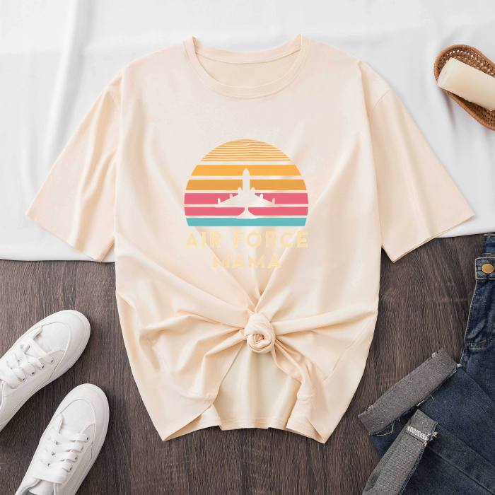 Airplane Print Crew Neck T-shirt, Short Sleeve Casual Top For Summer & Spring, Women's Clothing