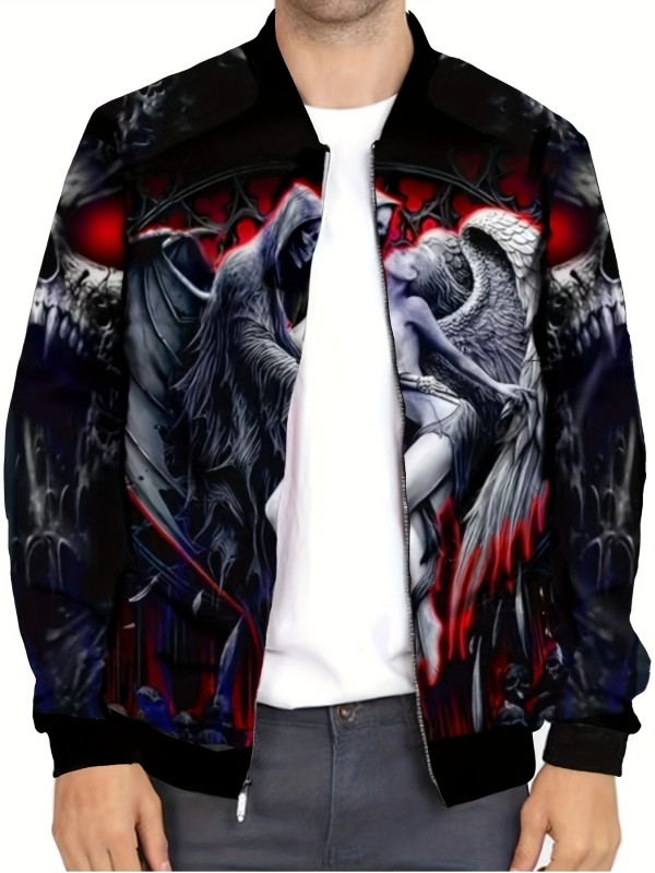 Men's Skeleton And Angel Print Bomber Jacket, Casual Zip-up Jacket