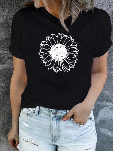 Sunflower Print T-shirt, Short Sleeve Crew Neck Casual Top For Summer & Spring, Women's Clothing