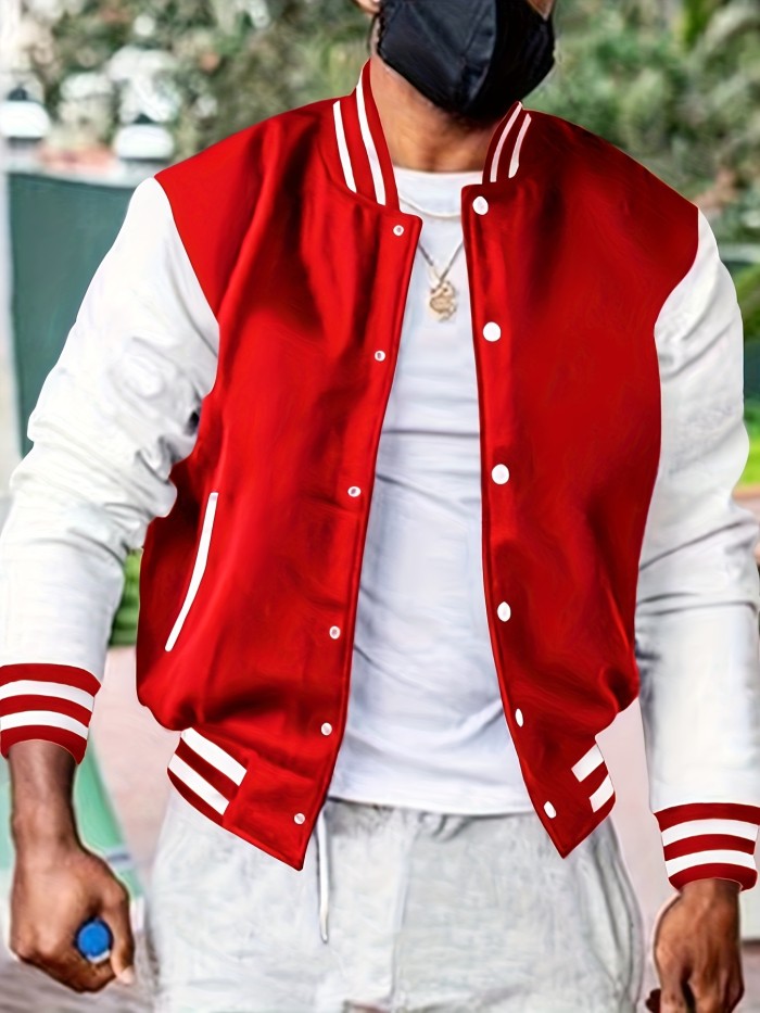 Men's Color Block Varsity Jacket - Casual Baseball Coat for Spring and Autumn