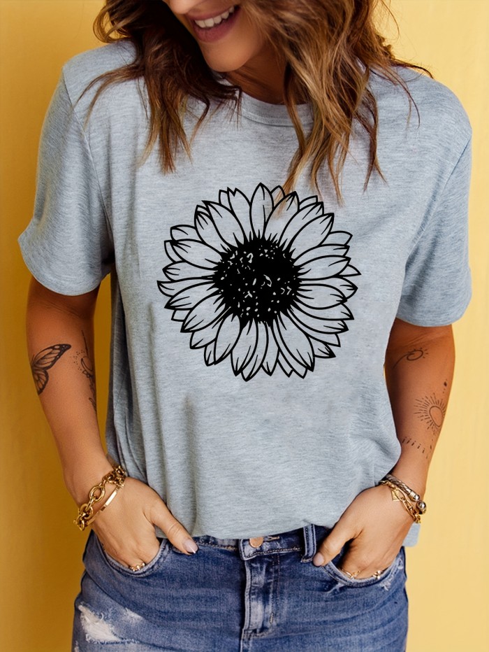 Sunflower Print T-shirt, Short Sleeve Crew Neck Casual Top For Summer & Spring, Women's Clothing