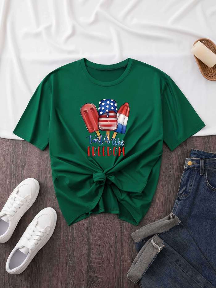 Independence Day Print Crew Neck T-shirt, Short Sleeve Casual Top For Summer & Spring, Women's Clothing