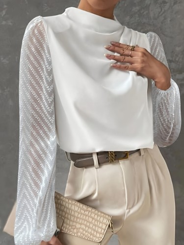 Tucked Mock Neck Blouse, Elegant Long Illusion Sleeve Blouse For Spring & Fall, Women's Clothing