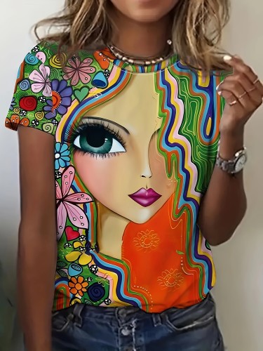 Abstract Portrait Print Crew Neck T-shirt - Women's Casual Short Sleeve Top for Spring & Summer