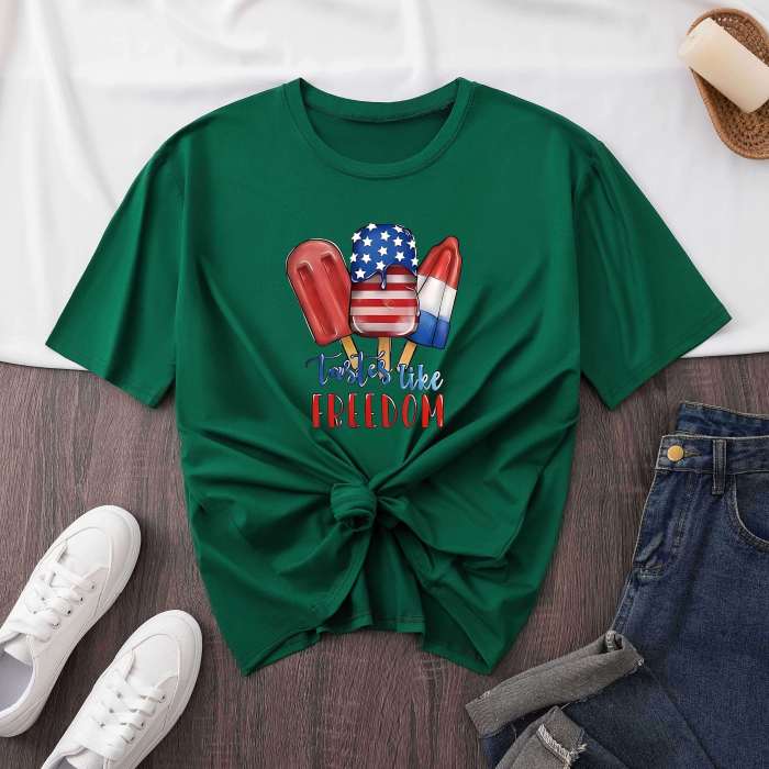 Independence Day Print Crew Neck T-shirt, Short Sleeve Casual Top For Summer & Spring, Women's Clothing