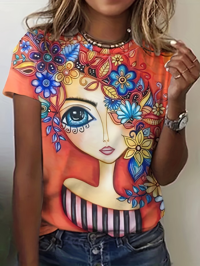 Abstract Portrait Print Crew Neck T-shirt - Women's Casual Short Sleeve Top for Spring & Summer