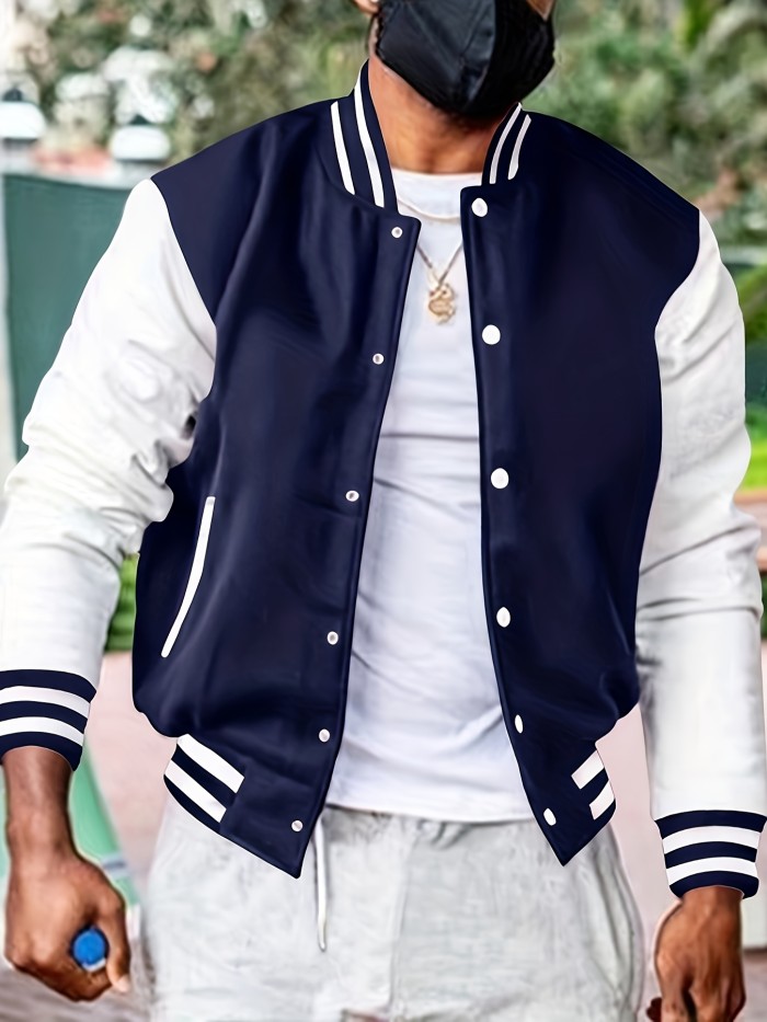 Men's Color Block Varsity Jacket - Casual Baseball Coat for Spring and Autumn