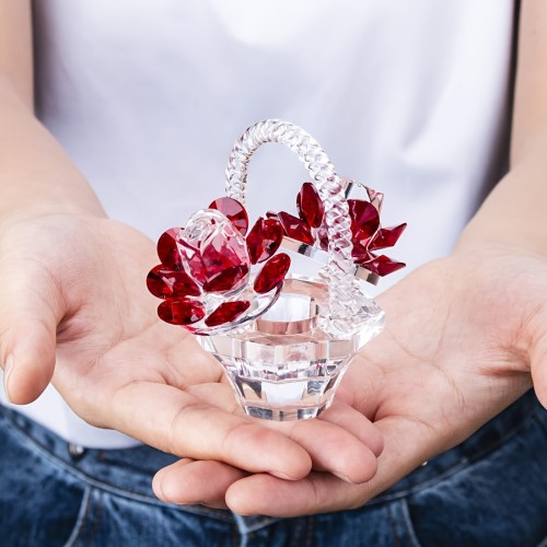 1pc Crystal Red Rose Flower Basket, Crystal Collectible Figurines Ornaments For Home Decor, Entryway, Table Decoration, Centerpiece, Bookshelf Decoration
