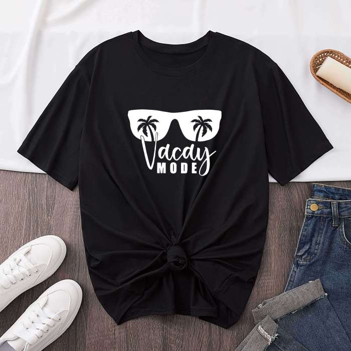 Sunglasses Print Crew Neck T-shirt, Short Sleeve Casual Top For Summer & Spring, Women's Clothing