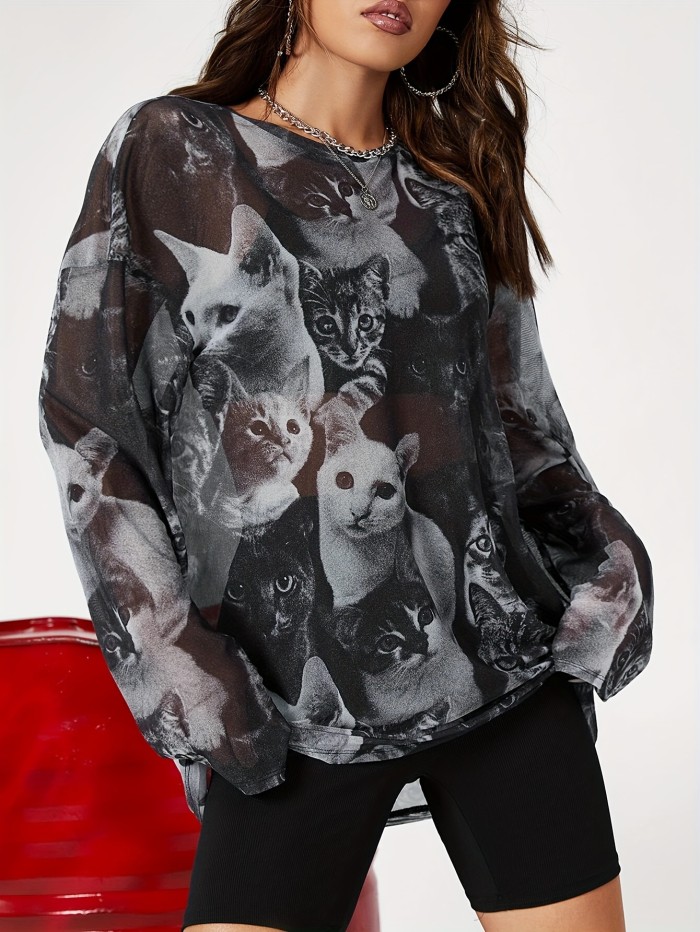 Cat Print Crew Neck Illusion Blouse, Stylish Long Sleeve Blouse For Spring & Summer, Women's Clothing
