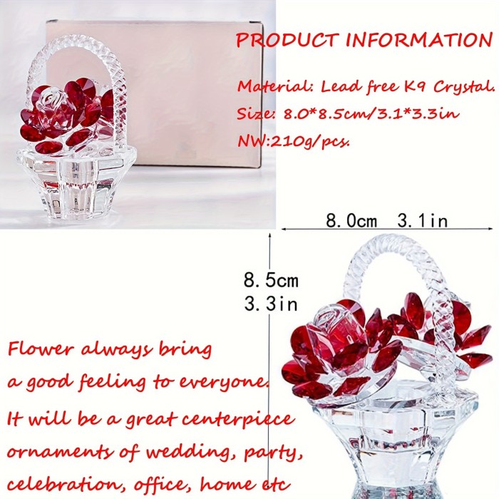 1pc Crystal Red Rose Flower Basket, Crystal Collectible Figurines Ornaments For Home Decor, Entryway, Table Decoration, Centerpiece, Bookshelf Decoration