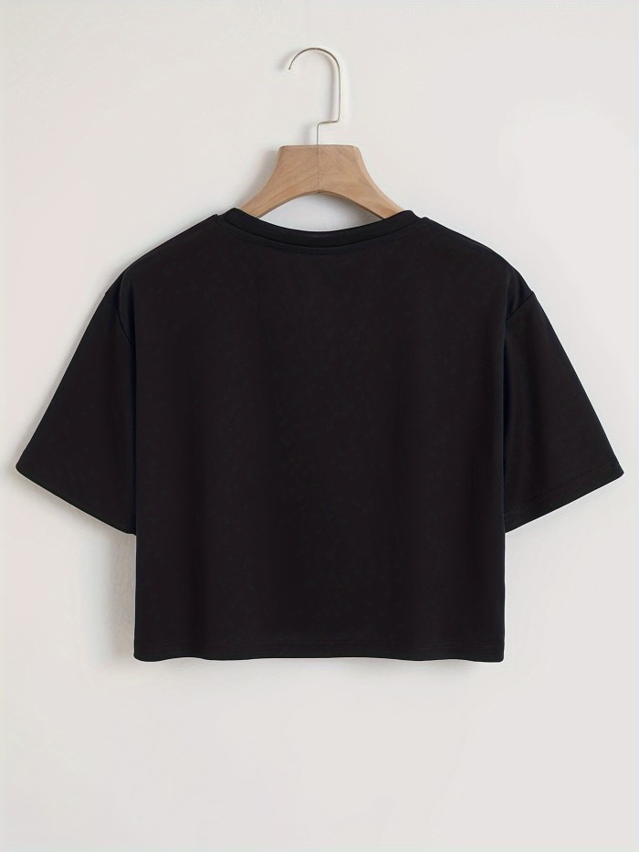 Leopard Heart Print T-shirt, Casual Short Sleeve Crop Top For Spring & Summer, Women's Clothing