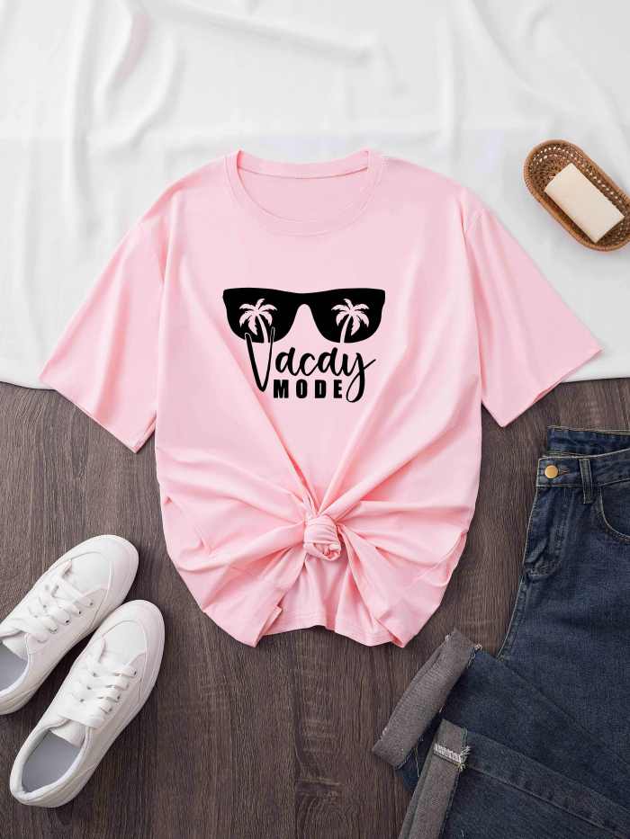 Sunglasses Print Crew Neck T-shirt, Short Sleeve Casual Top For Summer & Spring, Women's Clothing