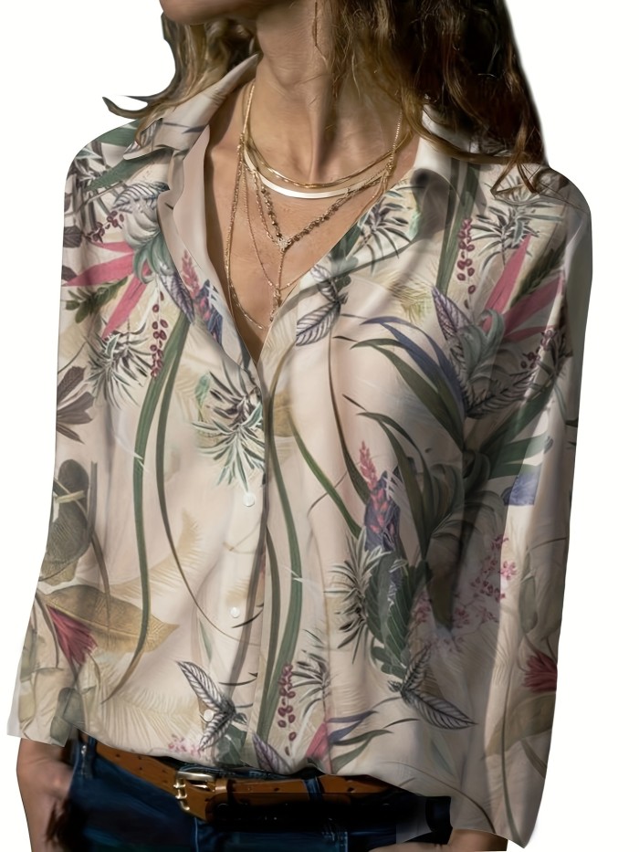 Plant Print Button Front Blouse, Casual Long Sleeve Blouse For Spring & Fall, Women's Clothing