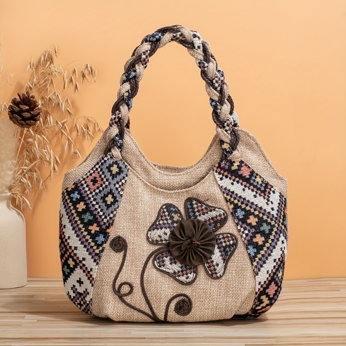 Vintage Floral Embroidered Tote Bag, Retro Ethnic Style Hobo Bag, Women's Casual Bohemian Handbag & Purse