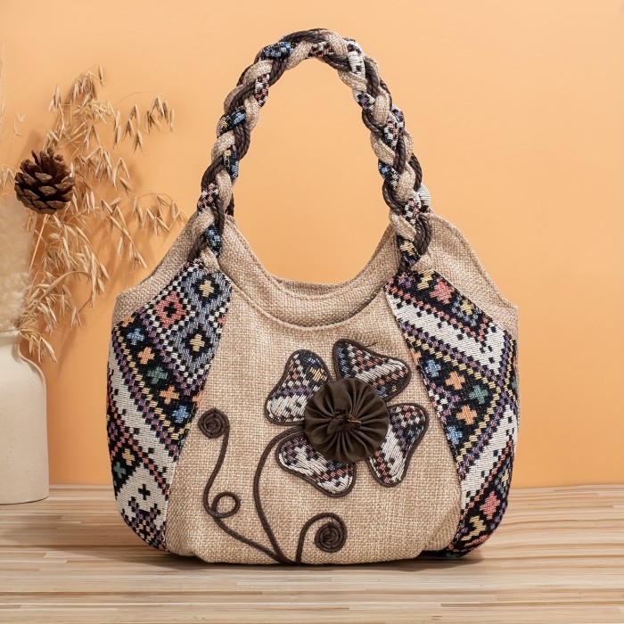 Vintage Floral Embroidered Tote Bag, Retro Ethnic Style Hobo Bag, Women's Casual Bohemian Handbag & Purse