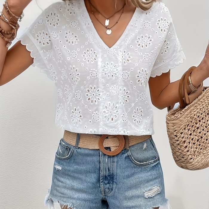 Eyelet Embroidered Scallop Trim Blouse, Casual V-neck Loose Blouse For Spring & Summer, Women's Clothing