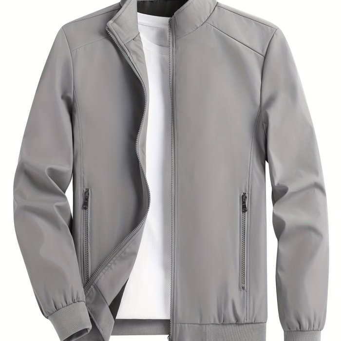 Men's Casual Loose Windbreaker Jacket for Sports Outdoors - Solid Color Zip-Up Stand Collar