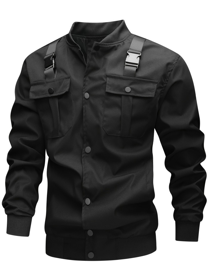 Men's Casual Tech Wear Biker Jacket - Street Style Baseball Collar Bomber Jacket with Tech Features