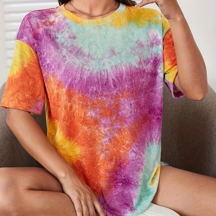 Tie Dye Crew Neck T-Shirt, Casual Short Sleeve T-Shirt For Spring & Summer, Women's Clothing