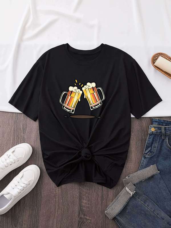 Beer Print Crew Neck T-shirt, Short Sleeve Casual Top For Summer & Spring, Women's Clothing