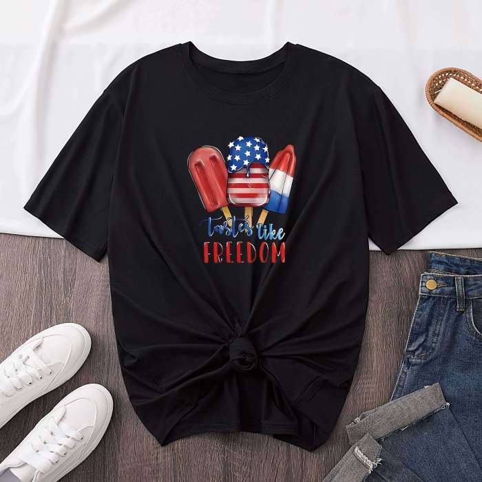 Independence Day Print Crew Neck T-shirt, Short Sleeve Casual Top For Summer & Spring, Women's Clothing