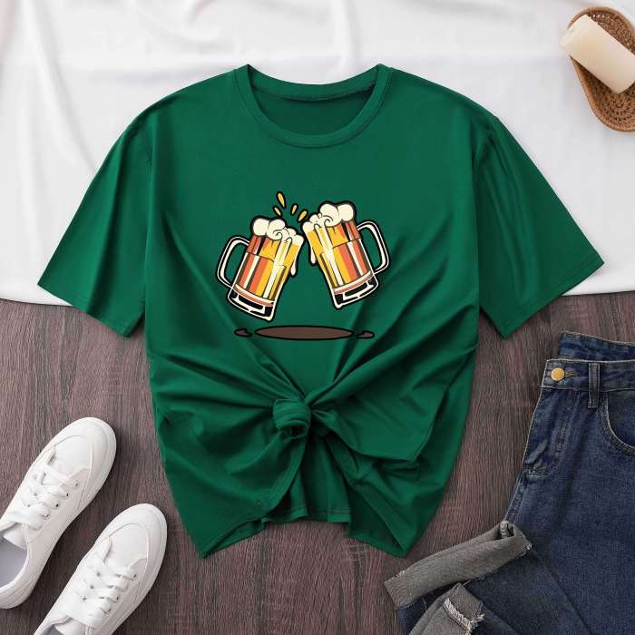 Beer Print Crew Neck T-shirt, Short Sleeve Casual Top For Summer & Spring, Women's Clothing