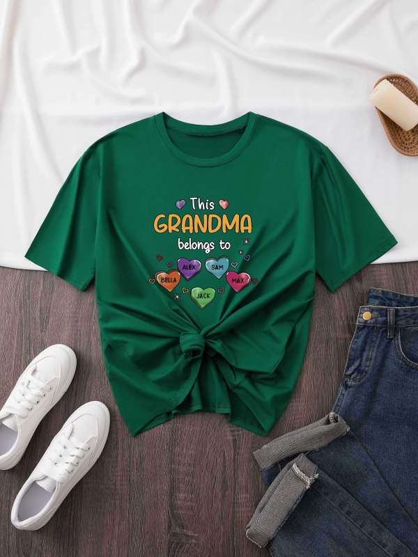 Grandma Print Crew Neck T-shirt, Short Sleeve Casual Top For Summer & Spring, Women's Clothing