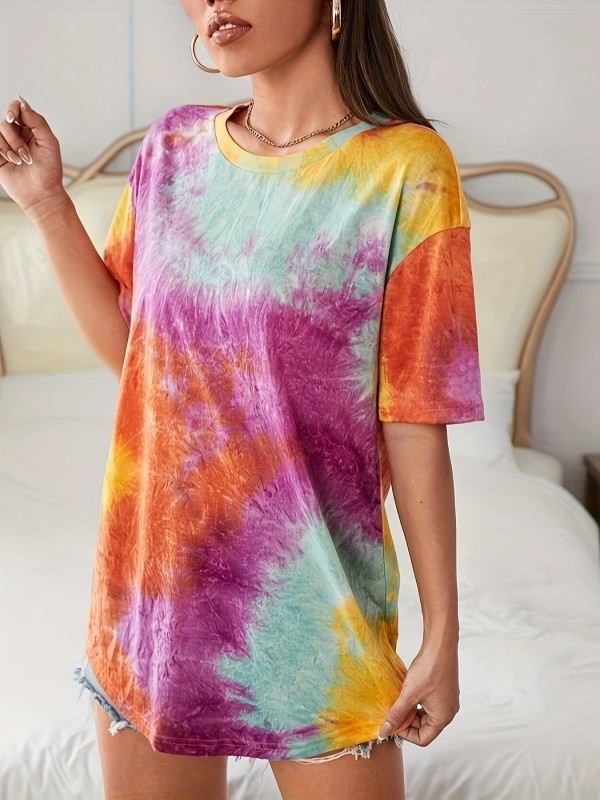 Tie Dye Crew Neck T-Shirt, Casual Short Sleeve T-Shirt For Spring & Summer, Women's Clothing