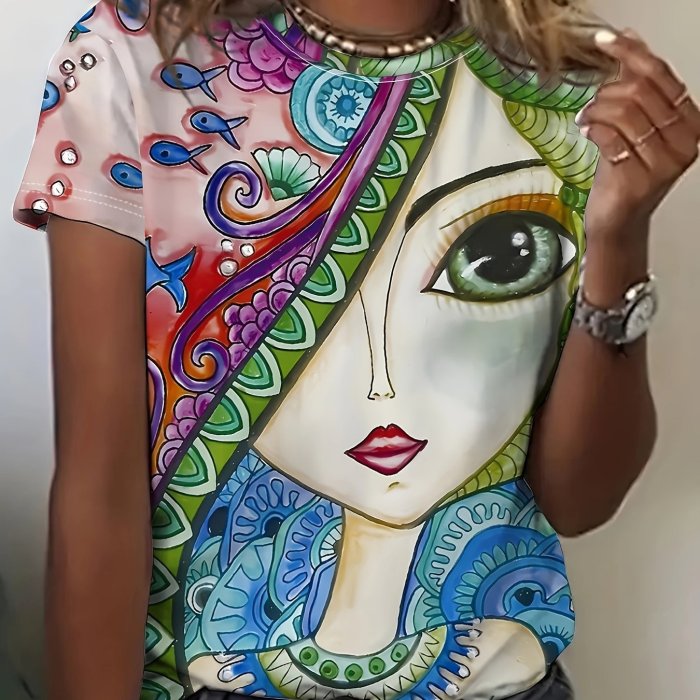 Abstract Portrait Print Crew Neck T-shirt - Women's Casual Short Sleeve Top for Spring & Summer