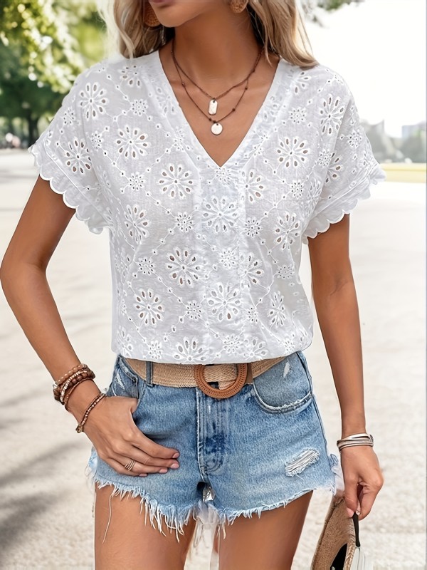 Eyelet Embroidered Scallop Trim Blouse, Casual V-neck Loose Blouse For Spring & Summer, Women's Clothing