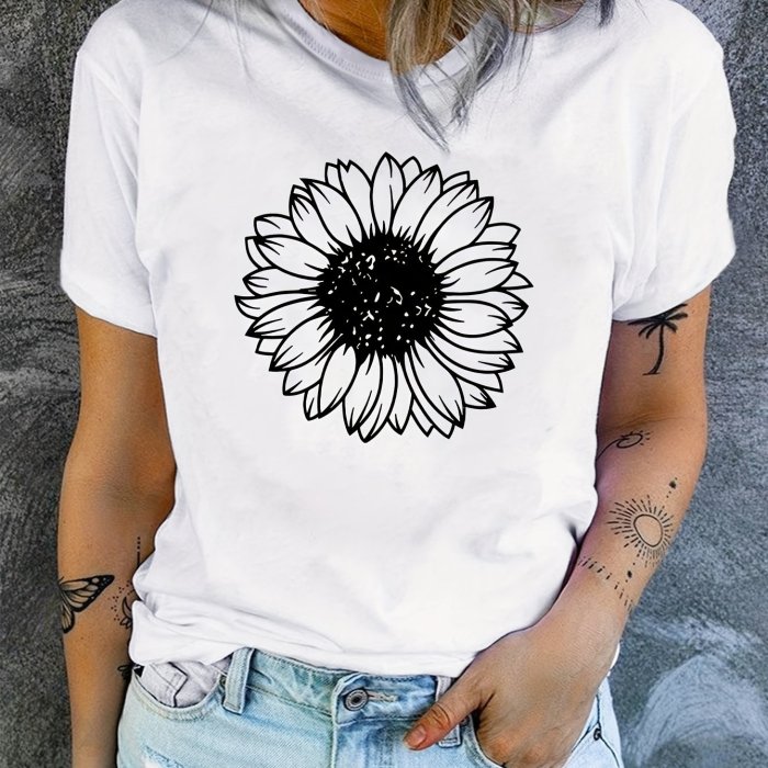 Sunflower Print T-shirt, Short Sleeve Crew Neck Casual Top For Summer & Spring, Women's Clothing