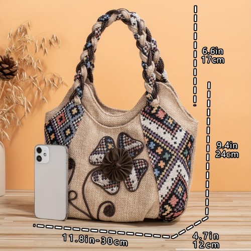 Vintage Floral Embroidered Tote Bag, Retro Ethnic Style Hobo Bag, Women's Casual Bohemian Handbag & Purse