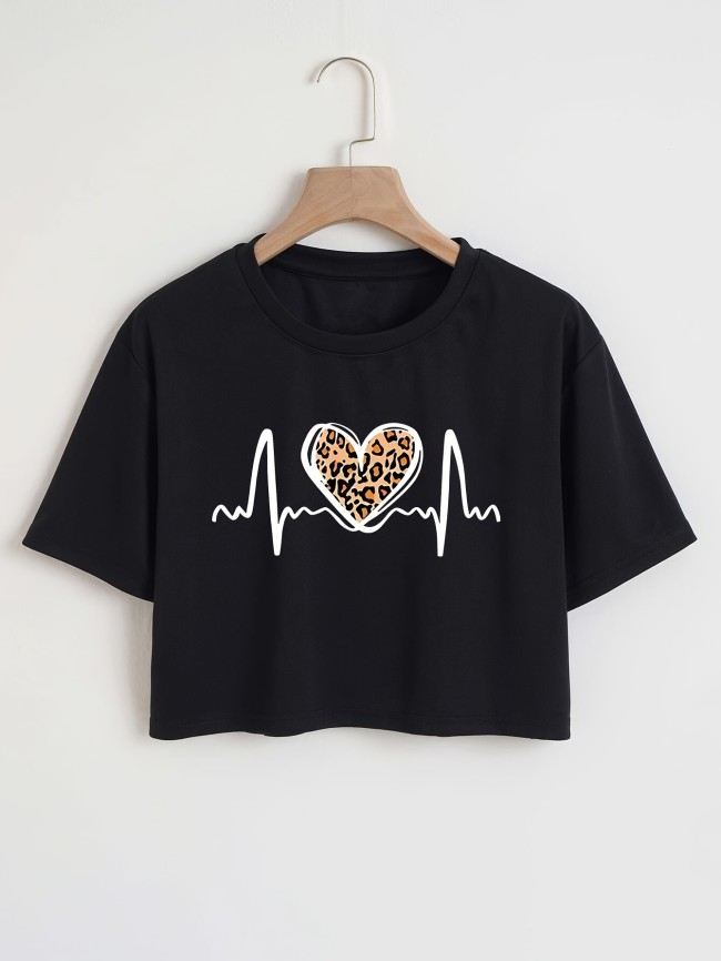 Leopard Heart Print T-shirt, Casual Short Sleeve Crop Top For Spring & Summer, Women's Clothing