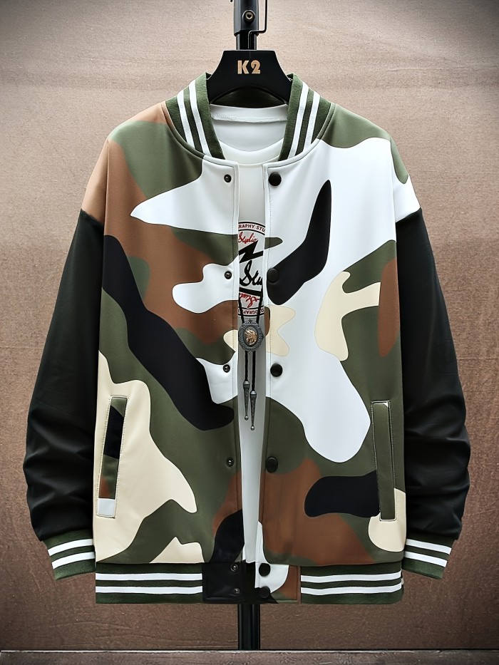 Men's Camouflage Baseball Jacket - Trendy, Breathable, and Stretchy Outdoor Button-Up