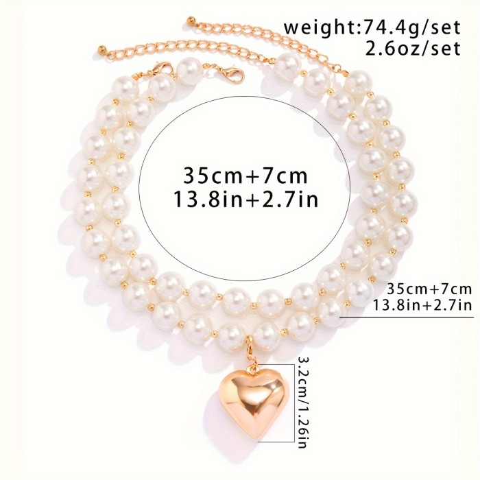 2 pieces\u002F Elegant Heart Pendant Necklace with Faux Pearl Detail - Holiday Accessory