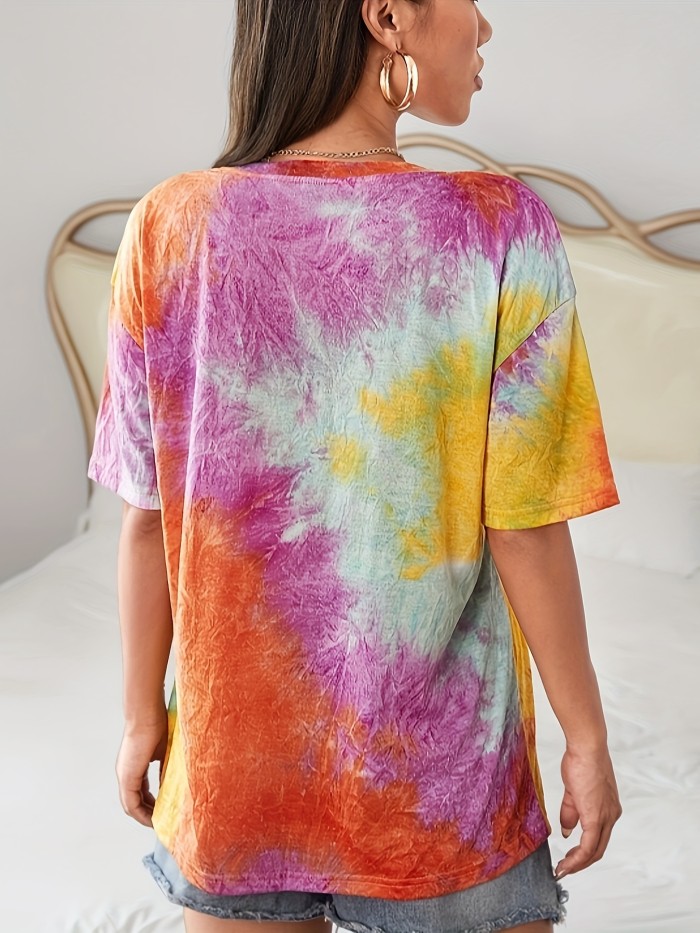 Tie Dye Crew Neck T-Shirt, Casual Short Sleeve T-Shirt For Spring & Summer, Women's Clothing