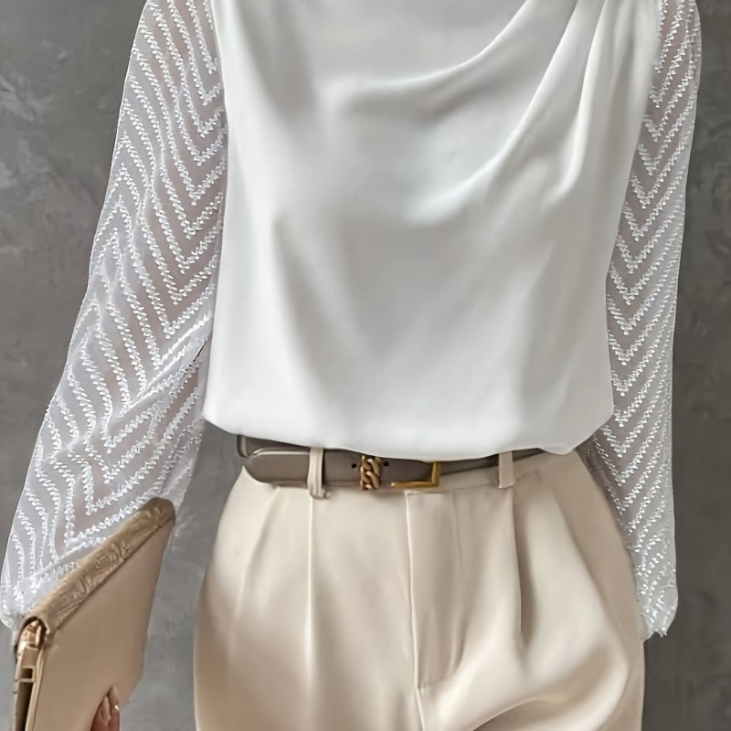 Tucked Mock Neck Blouse, Elegant Long Illusion Sleeve Blouse For Spring & Fall, Women's Clothing